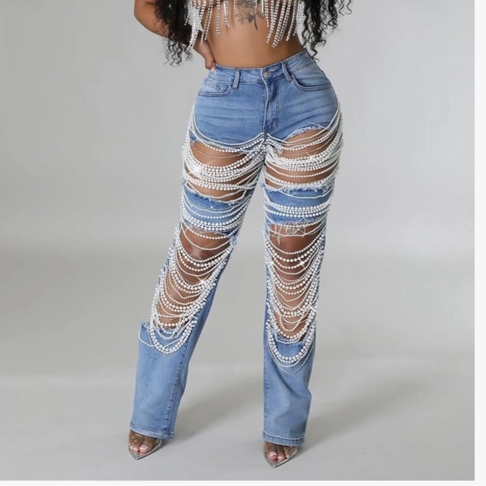 Fashion Nova, Ladies, Blue Pearl & Diamond Embellished Jeans. NEW. Size L